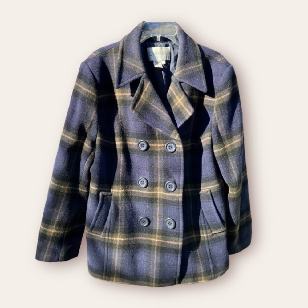 VTG Chadwick’s Wool Blue Plaid Peacoat SZ 16